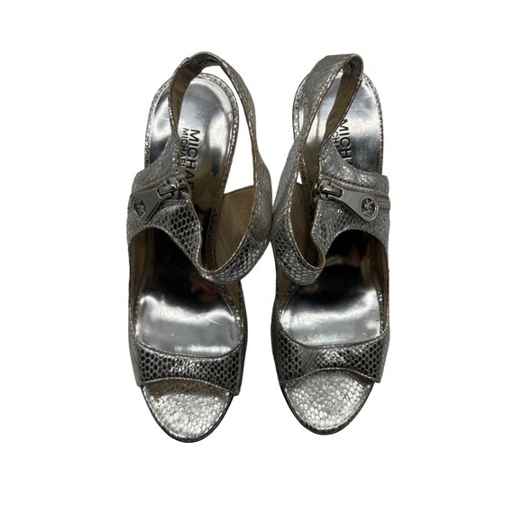 Michael Kors Silver Metallic Peep Toe Sandals Stiletto Heel Shoes Size 7.5 - Picture 3 of 7